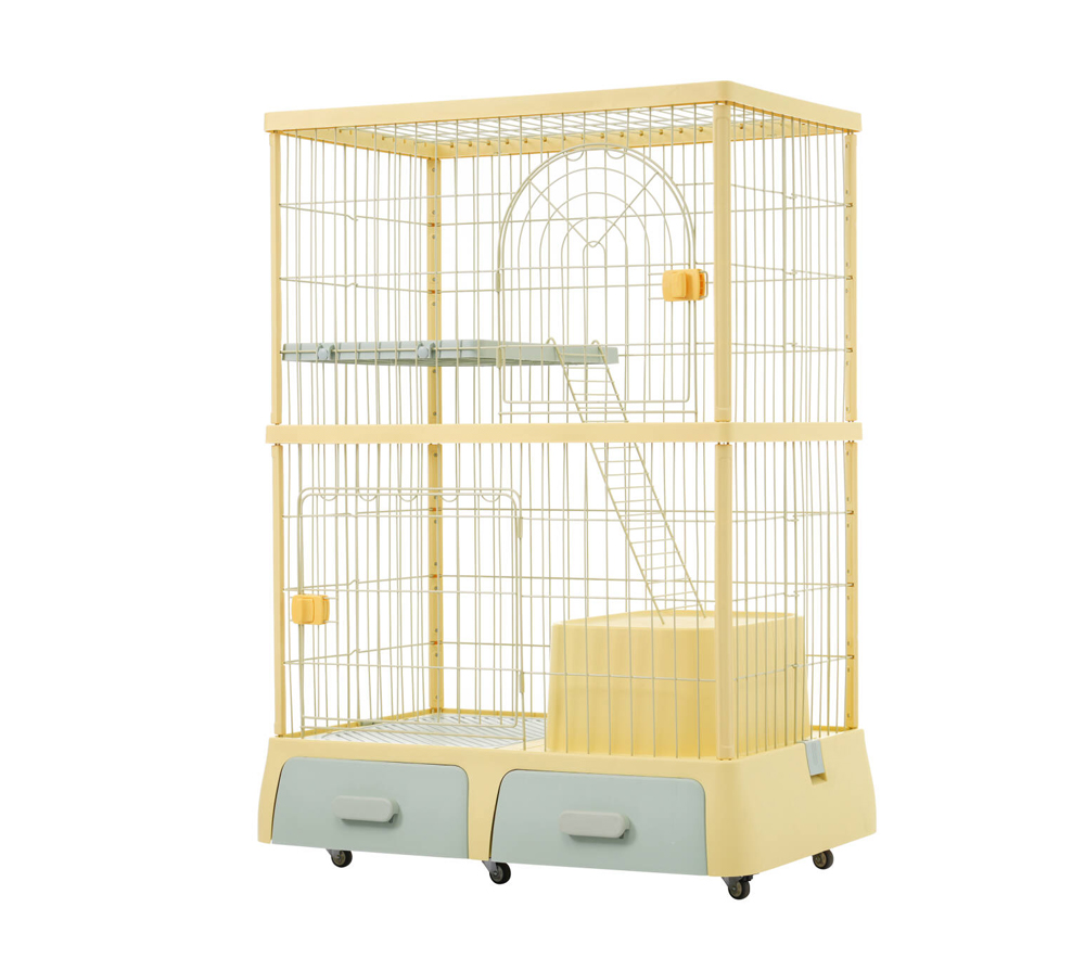 قفص حيوانات مميز - طوابق مع جرارات لرمل الفضلات